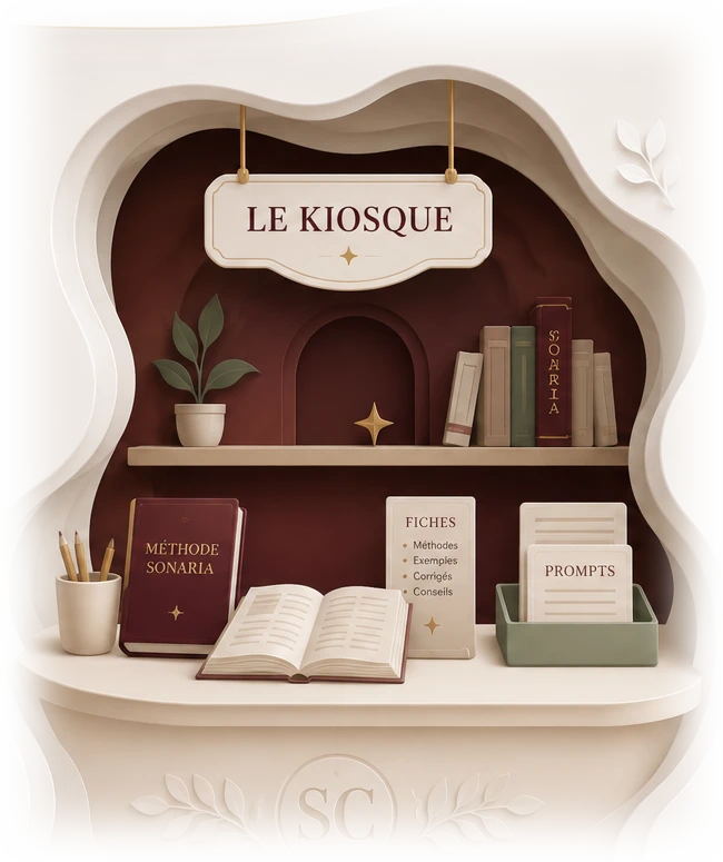 Le kiosque : un présentoir en papier découpé avec livres, fiches et prompts